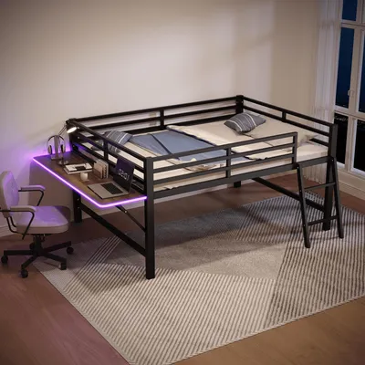 Produktbild von Metallbett 140x200 cm Schwarz mit Schreibtisch & LED-Beleuchtung - Stabiles Bettgestell aus Eisen mit Leiter & Rausfallschutz - Belastbar bis 300kg - Platzsparend