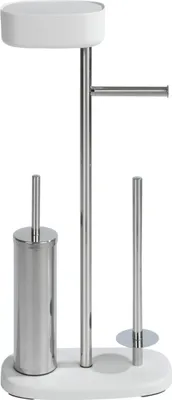 A white and silver toilet paper holder and toilet brush stand.