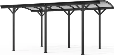 A black metal carport with a clear polycarbonate roof, shown from a front-side angle against a white background.