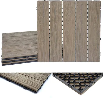 Obrázok produktu pre WPC podlahová dlaždica HWC-E19, vzhľad dreva balkón/terasa, 3D štruktúra lineárna ~ svetlohnedá, 4x po 50x50cm = 1m2