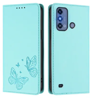 Obrázek produktu pro Kožené pouzdro pro ZTE Blade A53 Pro, motýlí ražbou, peněženkové flip pouzdro se stojánkem Mátově zelená
