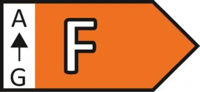 An energy efficiency label with a rating of F.