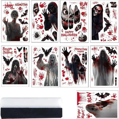 Productafbeelding van Halloween raamstickers, bloeddecoratie, 107 stuks – grote set, statische stickers, rood – enge hand- en voetafdrukken – herbruikbaar, waterdicht