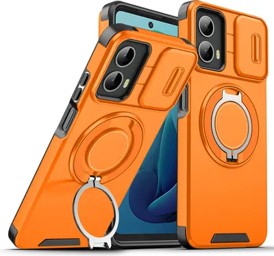 Immagine prodotto di Custodia a doppio strato per Motorola Moto G 5G 2024, con copertura scorrevole della fotocamera e supporto magnetico ad anello Arancione