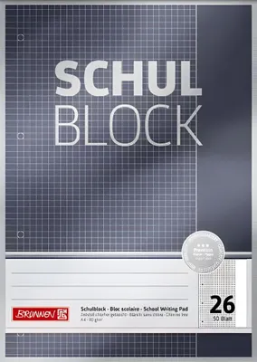 Produktbild von Brunnen Schulblock / Notizblock Premium (A4, 50 Blatt, kariertt, mit Rand, Lineatur 26, gelocht, kopfverleimt, 90 g/m²)