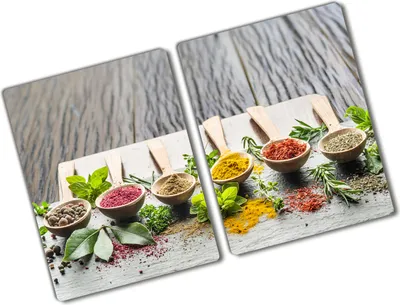 Produktbild von Tulup Glas Herdabdeckplatte - 2x40x52 cm - Glaskeramikkochfeld-Abdeckung Spritzschutz Glasabdeckplatte Kochplattenabdeckung und Schneidebrett - Zweiteilig - Essen & Getränke - Bunte Gewürze - Mehrfarbig