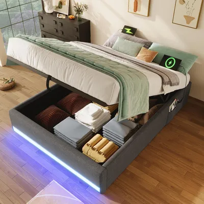 Immagine prodotto di Letto imbottito Sweiko, 90x200cm, Striscia LED telecomandata, Con USB e Type-C, Con tasche portaoggetti, Design senza testata, Funzione di stoccaggio idraulico, Senza materasso, Grigio