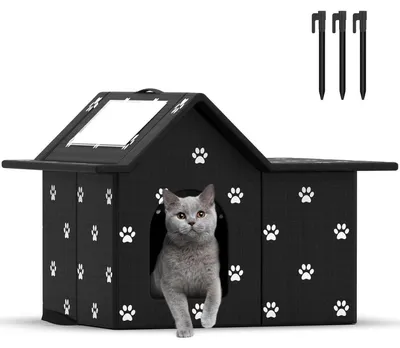 Image de Maison de chat d'extérieur, résistante aux intempéries hivernales, avec coussins et rideaux de porte, couleur noire, dimensions : 33 x 38 x 43 cm