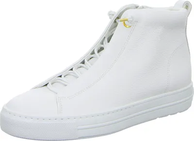 A white high-top sneaker with a unique lacing system and gold accent.