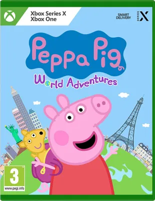 The image is the front cover of a video game box for 'Peppa Pig: World Adventures'. It features Peppa Pig and George Pig with famous landmarks in the background.