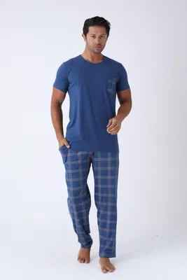 Produktbild von Herren Schlafanzug Kurzarm 2-teiliges Pyjama-Set aus 100 % Baumwolle Hellblau/Dunkelblau Gr. L–3XL