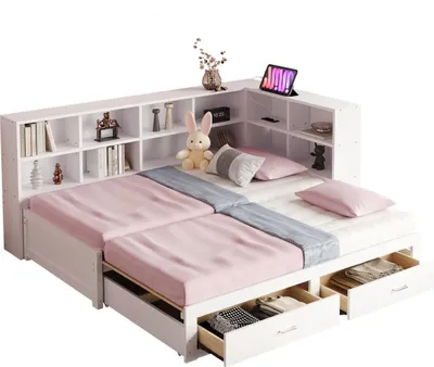 Produktbild von Massivholzsofa(Weiß)Mit Ausziehbarem Bett,Mit Staufach,multifunktionale Euro-Steckdose, Schubladen, Lattenrost, Multifunktionales Einzelholzbett