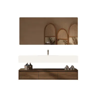 Produktbild von Integriertes Waschbecken aus Sinterstein-Keramik, Wandwaschbecken mit Hahnloch, Badezimmerschrank mit Schublade und LED-Spiegel 100*55cm 【YBTC383-100】