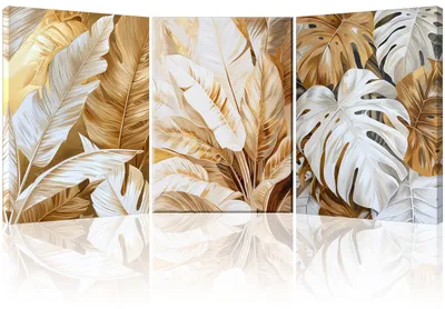 3er-Set Wandbilder, weiß-gold, Blattgold auf Leinwand, 57x40 cm