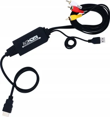 A black AV to HDMI converter adapter with RCA cables and a USB power cable, laid out on a white background.