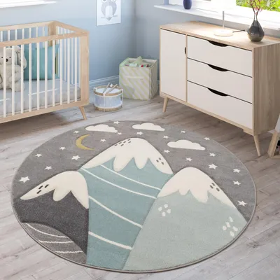 Produktbild von Paco Home Kinderteppich Teppich Kinderzimmer Junge Mädchen Berge Sterne Wolken 3D Effekt 200 cm rund