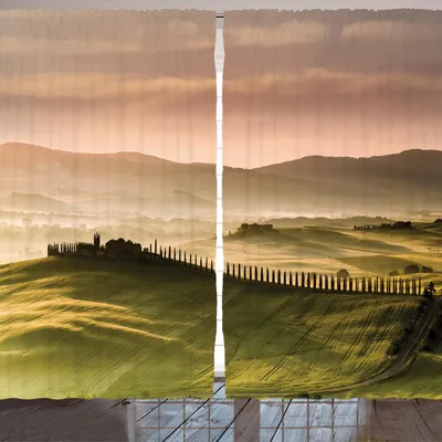 Obrázok produktu pre ARANDE Talianska záclona, talianska vidiecka cesta so stromami a lúkami cez horskú stredomorskú kultúru, 280 x 245 cm, béžovo-zelená