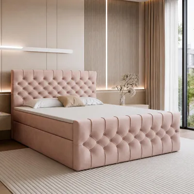 Produktbild von GOLDSTOFF TAURIEL Boxspringbett 160x200cm mit Federkernmatratze & Topper | Bett mit Stauraum & 2 Bettschubladen | Samt (Rosa)