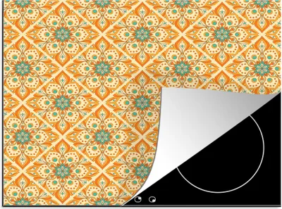Produktbild von KitchenYeah© Herdabdeckplatte Mandala - Boho - Blumen - Orange - Muster , 65x52cm, Küche Deko, Glaskeramikkochfeld Herdabdeckung, Abdeckplatte fùr Kochfeld