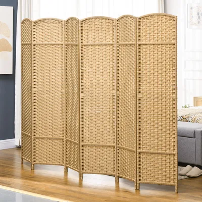Produktbild von SUGIFT Paravent Raumteiler 6-teilig, faltbarer Sichtschutz, Raumtrenner Holzrahmen, Naturholz | 240 x 170 cm | Kiefernholz & PP-Gewebe | 15 Scharniere