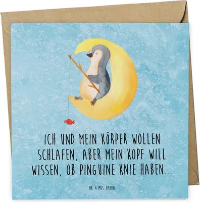 Produktbild von Mr. & Mrs. Panda Grußkarte Pinguin Mond - Eisblau - Geschenk, Neugierig, Spruch, schlafen, Pinguine, doppelkarte, Schlafzimmer, Glückwunschkarte, anlasskarte, Klappkarte