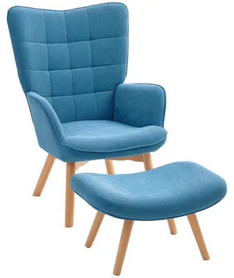 Produktbild von HOMCOM Sessel mit Hocker, Ohrensessel mit Hoher Rückenlehne, Holzbeine Cord Blau