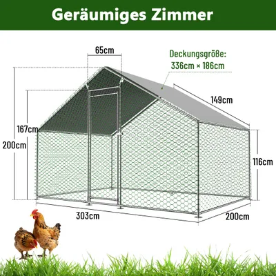 Produktbild von Hühnerstall Hühnerhaus Geflügelstall 3x 2 x 2m Freilaufgehege Kleintierstall Voliere Freigehege Hühnerkäfig mit Dach Verzinkter Stahlrahmen