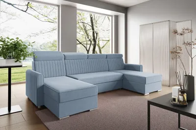 Produktbild von LIKMA Himmelblau Ecksofa Neli U-Form 274x162 cm mit Schlaffunktion (254x125 cm) Eckcouch mit Bettkasten und Verstellbare Kopfstützen Wohnlandschaft Bettsofa mit 2x Stauraum Polstermöbel Sofa