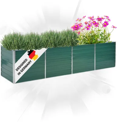 A green raised garden bed filled with plants, including green foliage and pink flowers, with a label indicating it is "Designed in Germany".