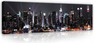 Produktbild von Leinwandbild New York 145x45 cm XXL Stadt Nacht Modern Panorama Schlafzimmer Wohnzimmer Canvas Bilder Wandbilder Kunstdruck Wand Bild auf Leinwand Aufhängefertig