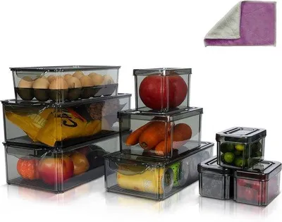 Produktbild von Famanu Kühlschrankorganizer Set - 9 stapelbare Organizer mit Deckel, transparent, schwarz
