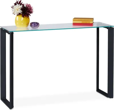 Image de Relaxdays : console en verre, petite table d'entrée, L x P x H : 75 x 110 x 35 cm, piètement en métal, pour le couloir et le salon, noir