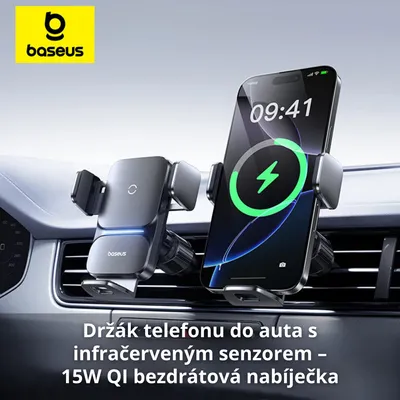 Obrázek produktu pro Držák telefonu do auta s infračerveným senzorem – 15W QI bezdrátová nabíječka, automatické uchycení, rychlé nabíjení pro iPhone, Samsung, Xiaomi