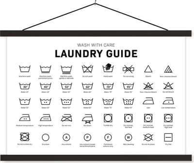 Produktbild von MuchoWow® Textilposter Wäschesymbole - Wäscheetiketten - Waschanleitung 60x40 cm mit schwarzem Rahmen - Hölzernes