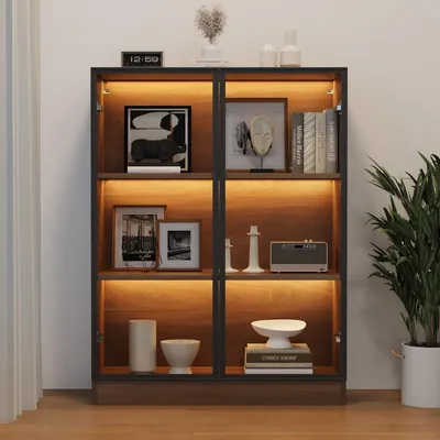 Obrázok produktu pre Sklenená vitrína s LED osvetlením Natural 80x30x106 cm Stojaca vitrína so sklenenými dverami a 3 policami