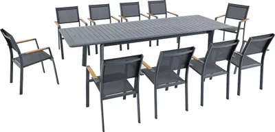 Produktbild von Gartenessgruppe aus Aluminium: ein ausziehbarer Tisch L.205/286,5 cm und 10 stapelbare Sessel - Anthrazit - MACILA von MYLIA