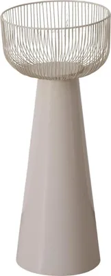 A product shot of a decorative stand with a wire basket on top.