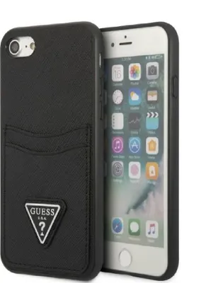 A black phone case with a card slot and a Guess logo is shown next to an iPhone.
