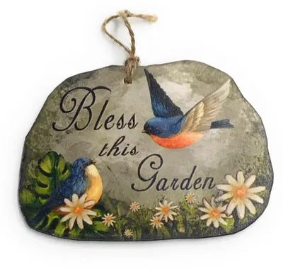 Tuinhängeschild mit Blumen- und Vogelmotiv, 12x9 cm, oval, Holz