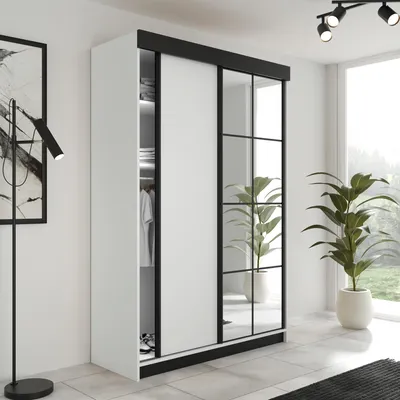 Produktbild von FurMeb24 2-türiger Schiebetürenschrank LAMER 138x205 cm Kleiderschrank mit Spiegel (weiß + weiß)