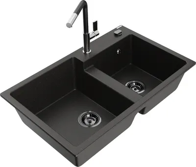 Produktbild von Mexen Tomas 2-Becken-Granitspüle mit Mischbatterie Flora, Schwarz/Gold metallisch - 6516-75-670401-07-B