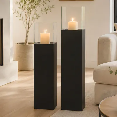 Produktbild von 2x Windlichtsäule "Black" aus Metall schwarz & Glas, 75 + 90 cm hoch, Kerzenhalter, Kerzenständer, Dekosäule für Wohnzimmer, Boden-Laterne mit Kerzenglas