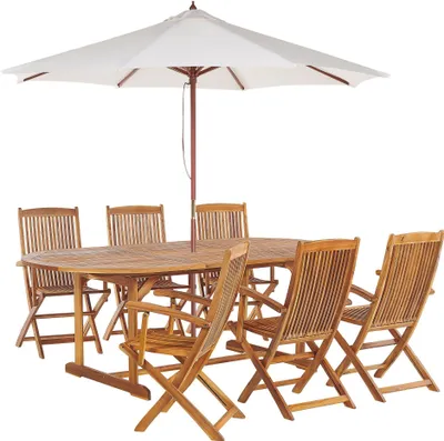 Produktbild von BELIANI Gartenmöbel Set mit Sonnenschirm Hellbraun Akazienholz 6-Sitzer 6-teilig Ausziehbarer Tisch Outdoor Garten Terrasse Balkon Ausstattung Möbel