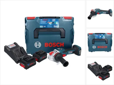 A Bosch cordless angle grinder kit with two batteries, a charger, and a carrying case, displayed on a white background.