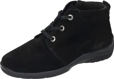 A black suede bootie with laces.
