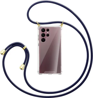 Produktbild von Handykette Backcover-Schutzhülle mit Band (Metall goldfarben) für Samsung Galaxy S22 Ultra 5G (S908) - dunkelblau