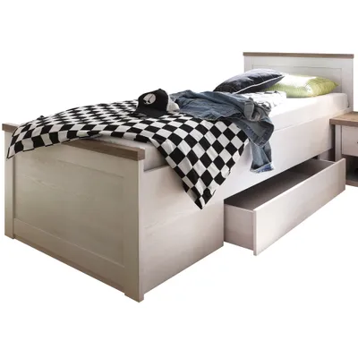Produktbild von Einzelbett LUND-78, Landhaus Design, in Pinie weiß Nb./Trüffel Eiche Nb., B/H/T: ca. 96/58/205 cm