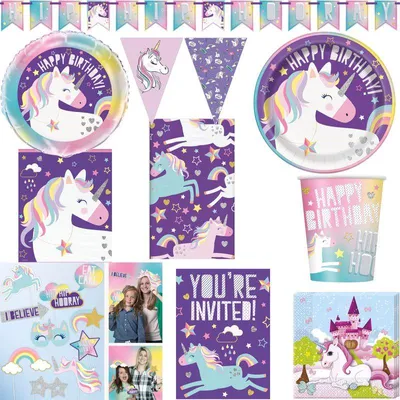 Produktbild von Einhorn Geburtstagsdeko Partyset 52 tlg. lila Kindergeburstag Party Set