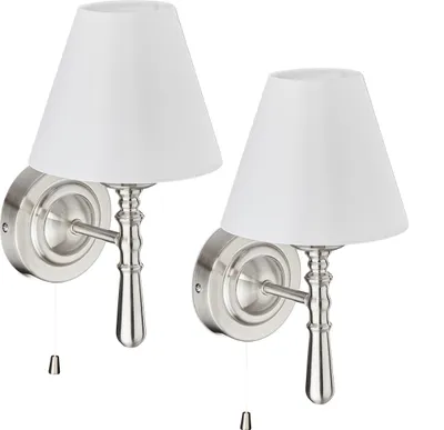 Produktbild von Relaxdays Wandlampe mit Schirm 2er Set, Zugschalter, Flur & Wohnzimmer, E14, Stoff, Metall, HBT 28x16x19 cm, silber/weiß