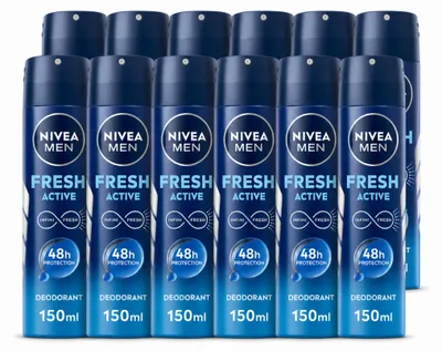 Imagen del producto de 12 unidades de desodorante en spray NIVEA MEN Fresh Active, 150 ml cada uno. Paquete económico